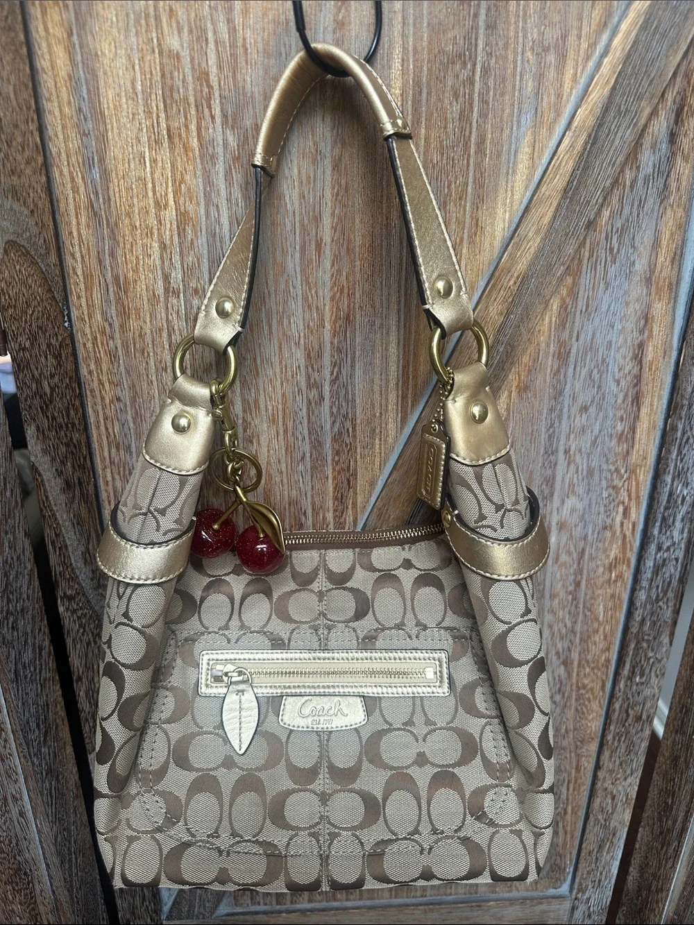 Coach Signature C Penelope Jacquard Logo Gold Leather Trim & Coach Cherry Charm